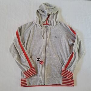 Lacoste Women's Size 42 L Large Gray Velour Full Zip Hoodie Red Stripe